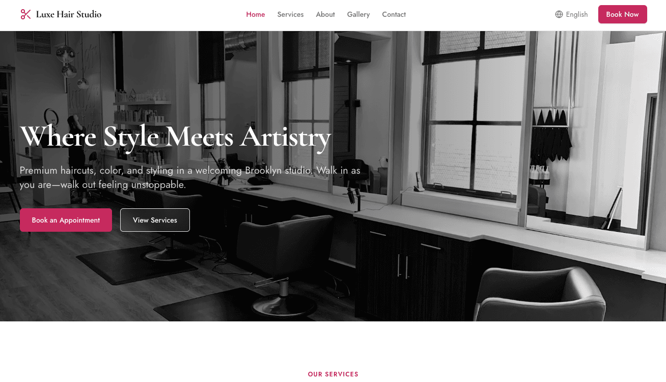 Luxe Hair Studio website screenshot